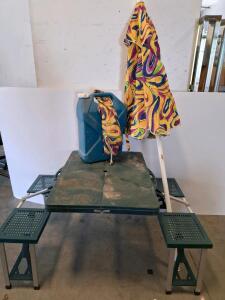 Folding Picnic Table with Benches, Umbrella, and Reliance Aqua-Tainer 7 Gal Container