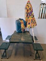 Folding Picnic Table with Benches, Umbrella, and Reliance Aqua-Tainer 7 Gal Container