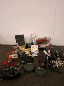 Mixed Household and Tools Lot &ndash; Tableware, Power Tools, jigsaw, drill. ( powered on) Vases,, curling irons and hair styling tools. All powere on. Bath oils, jewelry box. And more