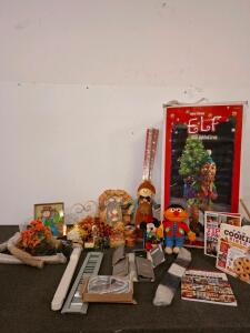 Large Mixed Lot: Autumn Decor, large elf lighted tree decor. Saharacase iPhone Kits, Power Strip, Books, Plush, Lights, lawn mower blades and more