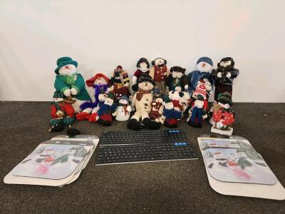 Lot of 15+ Plush Snowman Figures, Assorted Winter Holiday Decor, Includes 2 Keyboards(unable to test), & 5 Fellowes Mouse Pads