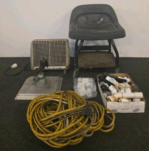 Workshop Lot: Matco Tools CS40 Creeper, Sears Heater, Bench Vise, Heavy Cord, Pipe Fittings