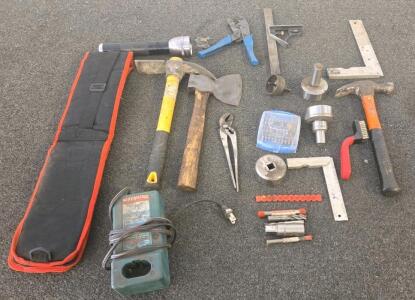 Mixed Hand Tool Lot &ndash; 23 pcs, Hammers, Hatchet, Flashlight, Makita Charger, Bag & Bits