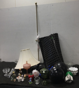 (2) Bowling Balls, (3) Weighted Belts, (1) Mat, Various Glass Pieces
