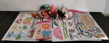 Lot of 10 TY Beanie Babies Plush Toys w/Tags & Large Room Decor Wall Sticker Sheets Mixed Themes