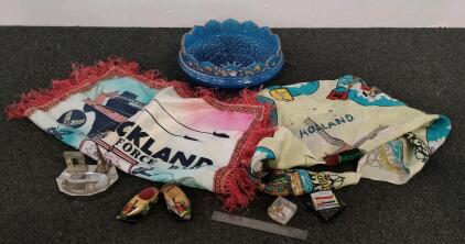 Vintage Souvenir Lot: Paris Ashtray, Holland Clogs & Lighter, Pins, Scarves, vintage Blue Glass Bowl