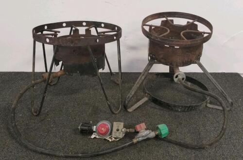 2 Outdoor Propane Gas Burner Stoves, Steel 16" Frame, Regulator & Hose, 65,000 BTU Each