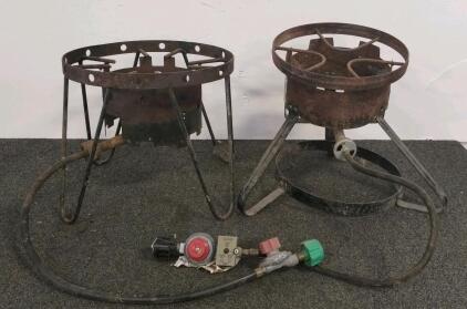2 Outdoor Propane Gas Burner Stoves, Steel 16" Frame, Regulator & Hose, 65,000 BTU Each