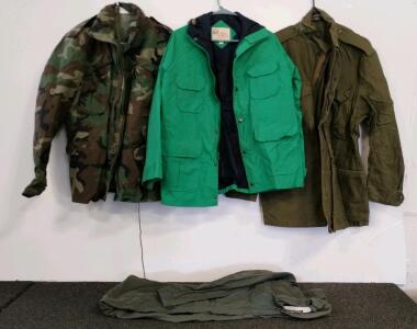 Military Surplus Lot: M65 Woodland Field Jacket, Field & Stream Parka, Olive Drab Jacket, Flyers Coveralls 40L