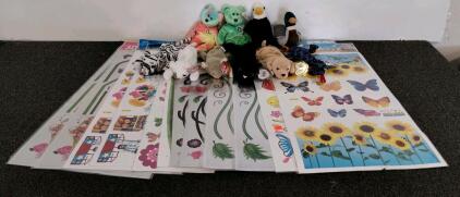 TY Beanie Babies Lot of 10 with Heart Tags + Large PVC Wall Sticker Sheets, Disney, Floral
