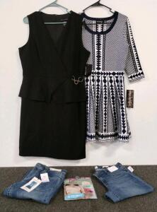 Women's Apparel Bundle - 2 Dresses, 2 Jeans, 1 Packaged Shaping Bra (new)