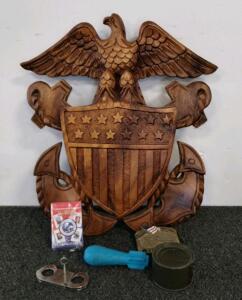 U.S. Navy & Marine Corps Collectibles Lot: Hand-Carved Plaques, Iwo Jima Buckle, Ration Can, Cards