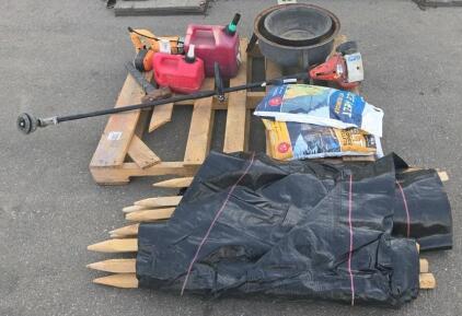 Troy-Bilt Trimmer TB22, Drill, Ice Melt, Fuel Cans, Stakes, Fabric & Pallet &ndash; Yard Supplies Lot