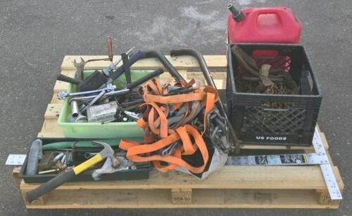 Assorted Hand Tools, Heavy Chains, Ratchet Straps, 5-Gal Fuel Can, Pallet Lot