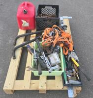 Assorted Hand Tools, Heavy Chains, Ratchet Straps, 5-Gal Fuel Can, Pallet Lot - 3