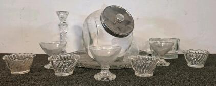 Vintage Pressed Glass Tableware Set, 10 Pieces: Serving Plate, Dessert Glasses, Bowls, Candlestick