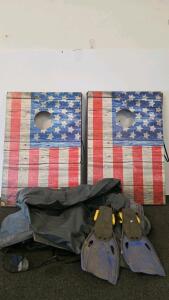 Cornhole Board Set with American Flag Design, Intex Air Mattress, and Youth Swim Fins
