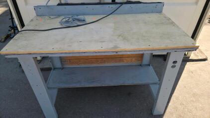 Industrial Steel Workbench with Laminated Wood Top, Integrated Power Strip