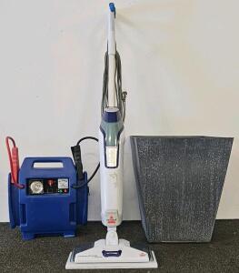 Bissell PowerFresh Deluxe Steam Mop Model 1806, 1500W, 25ft Cord, Floor Steamer - S/N: 20290101E (tested, works), jumper cable box, large plant pot