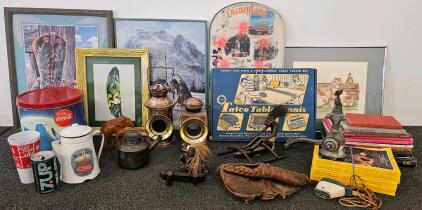 Vintage Collectibles Lot: Framed Art, Games, Kitchenware, Tools, Books, Coca-Cola, Keen Kutter