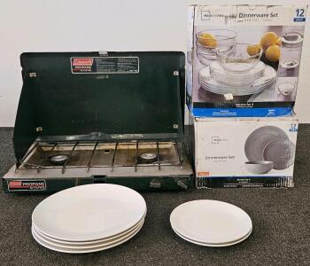 Coleman 2-Burner Propane Stove & Mainstays 12-Piece Dinnerware Sets (Glass & Stoneware)