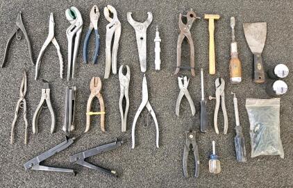 Large Assorted Hand Tools Lot &ndash; ~27 Mixed Vintage & Modern Pliers, Screwdrivers, Hammer, Accessories