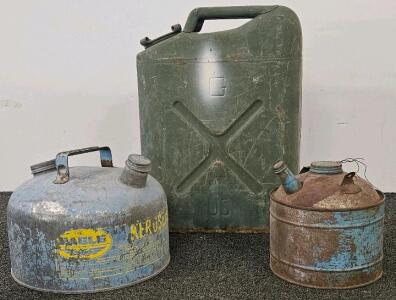Vintage US Military 5 Gal Jerry Can, Eagle Kerosene 2 Gal, and 1 Gal Utility Fuel Cans