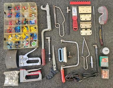 Mixed Lot of Hand Tools & Hardware: CRAFTSMAN Stapler, Hack Saws, Vintage Crank Tool