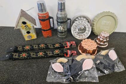 Vintage Lot: Thermos Bottles, Bakeware Molds, Instrument Straps, Birdhouse, Headbands