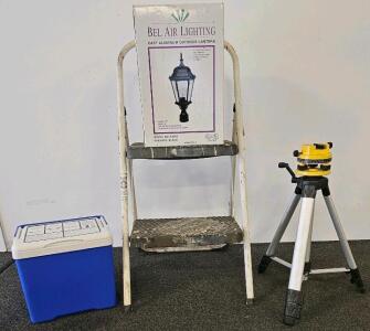 Bel Air Lighting 54260 Black Cast Aluminum Outdoor Lantern, 23" Height, Post Mount. Step stool. Tripod. Cold therapy pack in blue cooler.