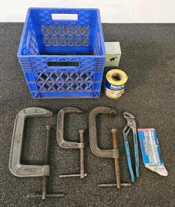 Mixed Lot: 3 C-Clamps (8", 6"), Groove Joint Pliers, Squeeeek No More Kit, Henry Tape, Milk Crate