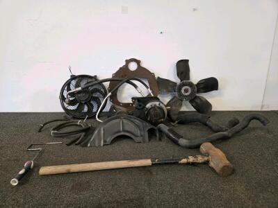 Engine Cooling System & Accessory Parts Lot: Fans, Shroud, Hoses, Compressor (all untested) & Sledgehammer