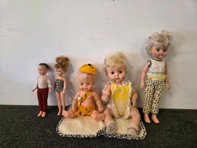 Vintage 1950s&ndash;1970s Doll Collection: Fashion, Baby & Character Dolls, Sleep Eyes, 10"&ndash;18" Tall (Bam Bam Doll with Pebbles Blanket, Wetsy Baby Doll)