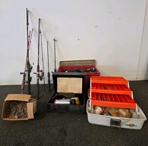 Vintage Fishing Lot: 5 Rods, 12+ Reels, Flambeau Tackle Box, K2 Moisture Meter, Sinkers