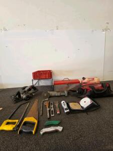 Mixed Lot Porter Cable Power Tools(unable to test), Husky Bag, Hand Saws, Grinder(unable to test), Gas Can, Toolbox, Accessories