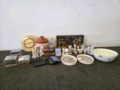 Mixed Lot: 30+ CDs, Eagle 2-Gal Gas Can, Football Shadowbox, 2 Cast Iron Pans, Precious Moments Figurines, Decor Lot