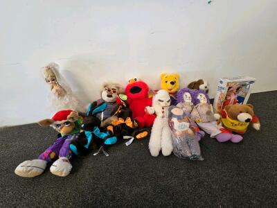 Mixed Lot Plush Toys & Dolls&mdash;Elmo, Pooh, Raggedy Ann Style, Boxed Flora Doll, Teddy Bear