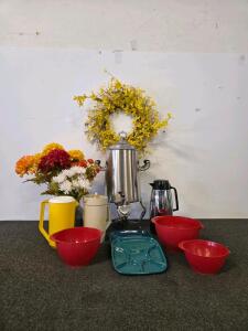 Vintage Silver Coffee Urn with Ornate Handles and Decorative Legs, 3-5 Gallon Capacity, 2 Pitchers, 3 red mixing bowls, and more