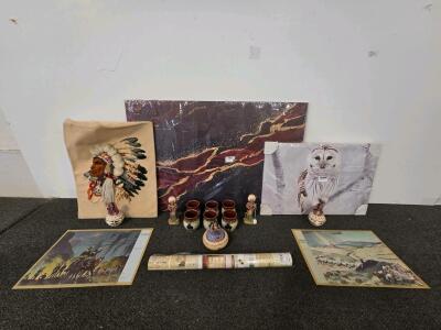 Mixed Lot of Southwestern and Western Decor & Collectibles: Art, Figurines, Pottery, Textiles, and Paper