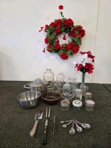20 Piece Mixed Glass Jars, Kitchen Utensils, Bowls & Red Floral D&eacute;cor Assortment