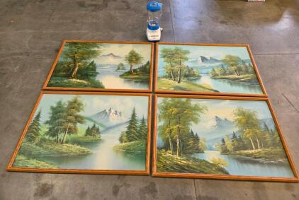 Set of 4 Framed Mountain Landscape Paintings, Signed Taylor/Whitman, 24"x18" Acrylic/Oil Art & Hamilton Beach Blender (Tested) (2/2 boxes)