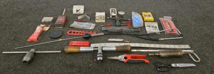 Thread Size Gauge, Folding Inspection Mirror, Utility Knife, Small Parts Box &ndash; Shop Tool Lot