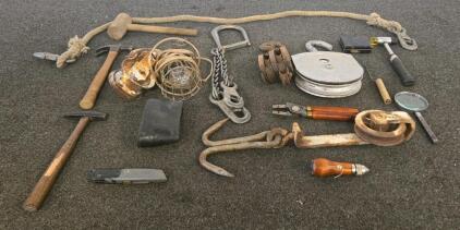 Mixed Lot of Vintage/Industrial Tools & Hardware (Claw/Cross Peen Hammers, Blocks, Pulleys, More) WWII US Army Cal .30 M2 Ball Ammo Crate with Sledgehammer, Lug Wrench, Screwdriver, Miter Box