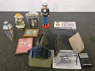 Wooden Nutcracker Soldier Figurine, alcohol Shakers, military hats, military radio, military collectibles