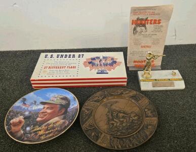 Franklin Mint WWII & Bob Hope Collector Plates, 27 US Flags, Hooters Menu, Military Trophy Lot