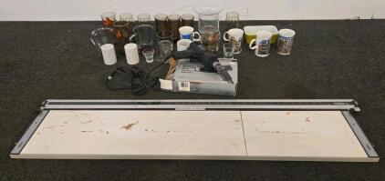 Mixed Lot: Vintage Glassware Tumblers, Mugs, Black & Decker 1/4 in Drill, Premier 36" Paper Trimmer