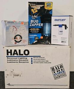 Halo H99ICT 4 3/8" IC-Rated Recessed Lighting Housings, 120V, For PAR20/R20, Nailess Bar Hanger. Swiftjet car foam sprayer, 2500w black flag bug zapper (tested, works), oxygen regulator