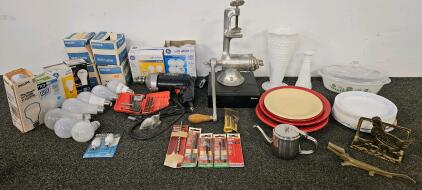 Vintage Universal 3 Meat Grinder, Craftsman Drill and bits, Milk Glass, Fiestaware and Corelle Plates, Light Bulbs, Tool Lot