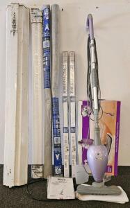 Shark S3101 Steam Mop (tested, works), 2 Redi Shade Vinyl Shades, 2 Aluminum Screens, 4ft Shop Light (unable to test) w/ GE Bulbs