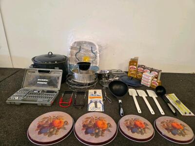 Home Canning and Kitchen Utensil Bundle &ndash; Enamel Pot, Utensils, Lids, Consumables. Stove Burner Covers, Tool set, & Foot massaging tub (untested, new in packaging)